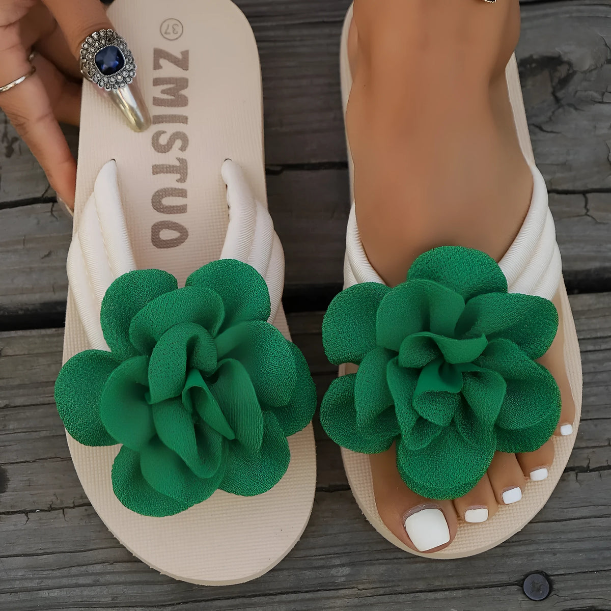 Plus size casual slippers with flower pattern on PU upper, in beige.