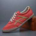 Men's breathable canvas casual shoes, low top flat heel with front lace-up, shown in solid colour options