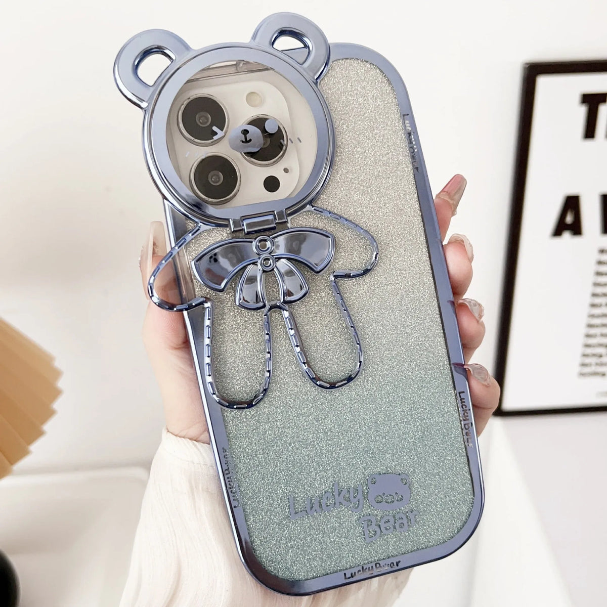 Electroplating glitter phone case with lucky bear bracket for iPhone, TPU all-inclusive crossbody cover in Dark Night Purple