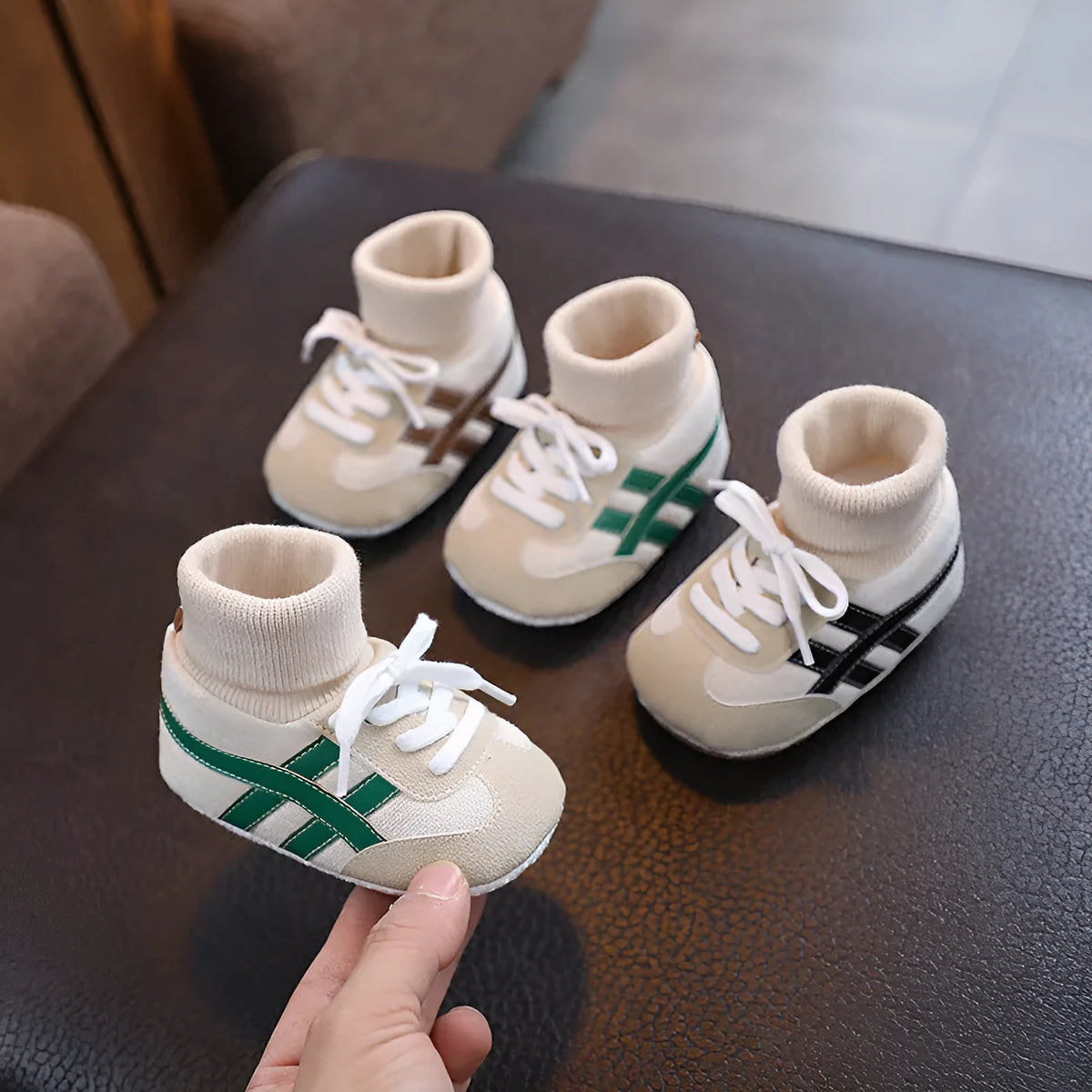 Baby cotton ankle sock shoes in green with soft sole, size inner length 11cm
