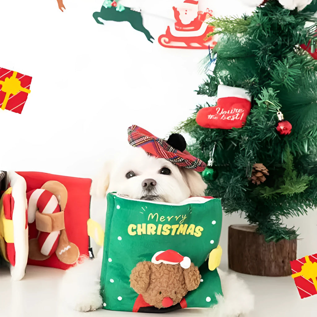 Christmas Book plush dog food hiding toy in solid colour for supervised treat search play