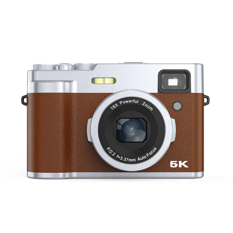 Black or brown 5K digital camera with dual lenses, optical viewfinder, and 2.88-inch screen.