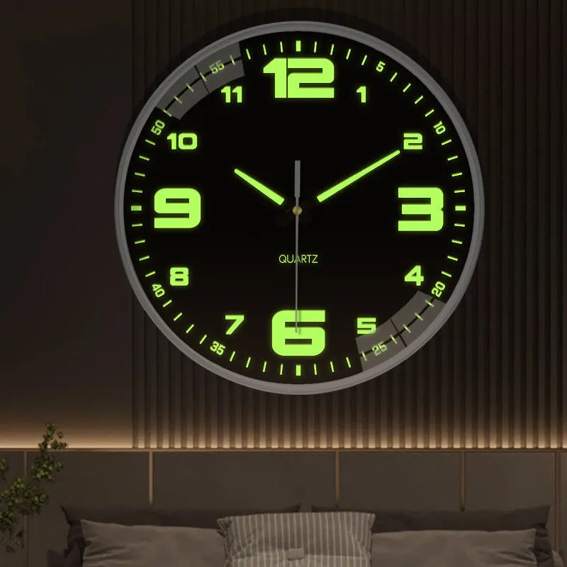 8 inch luminous wall clock with modern white plastic shell on a wall.