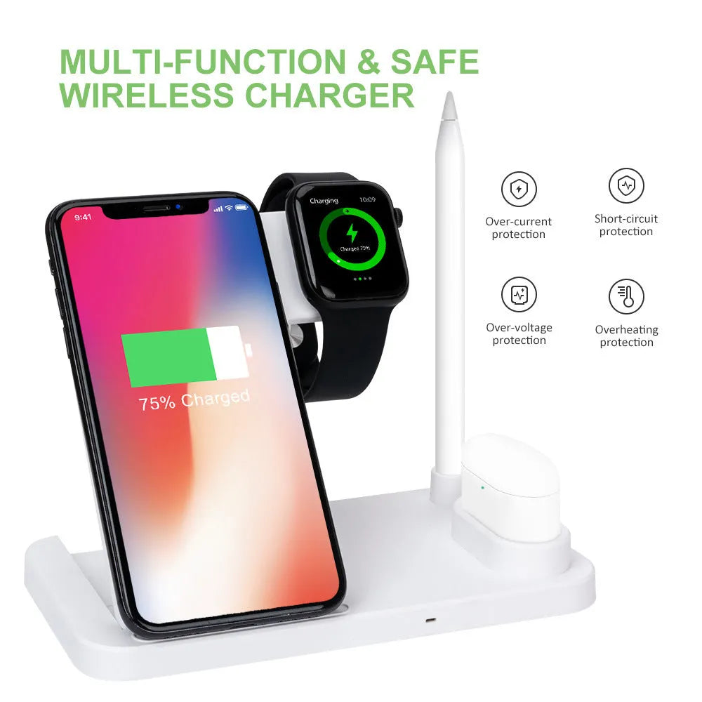 A folding 4-in-1 wireless charger in Space Gray, shown charging an iPhone in vertical stand mode and an Apple Pencil.