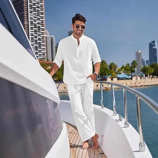 Men's casual cotton trousers suit in solid colours with long sleeves and standard thickness fabric