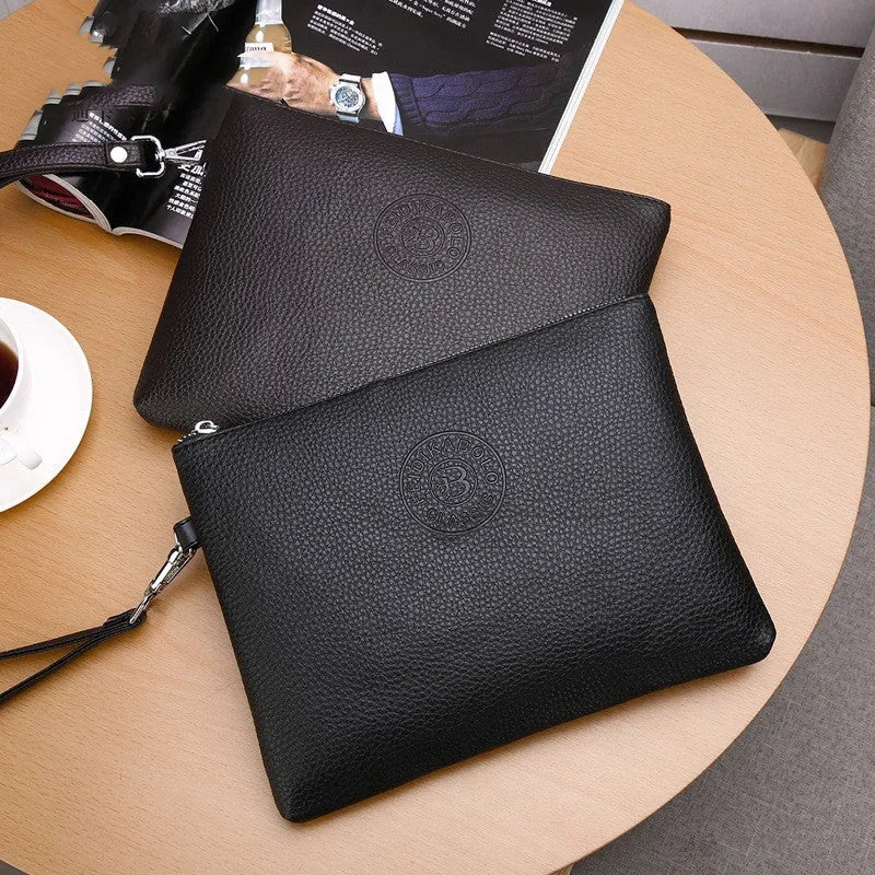 PU leather men's clutch bag horizontal square shape 24cm width zip closure black weave finish