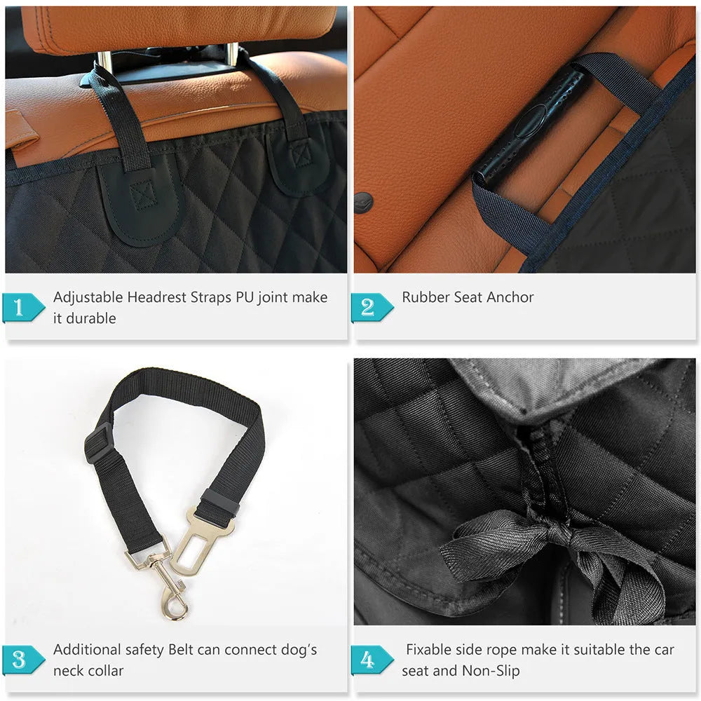 Black Oxford cloth car pet mat for cats and dogs, 135cm x 120cm, rear row cover with zip and detachable middle
