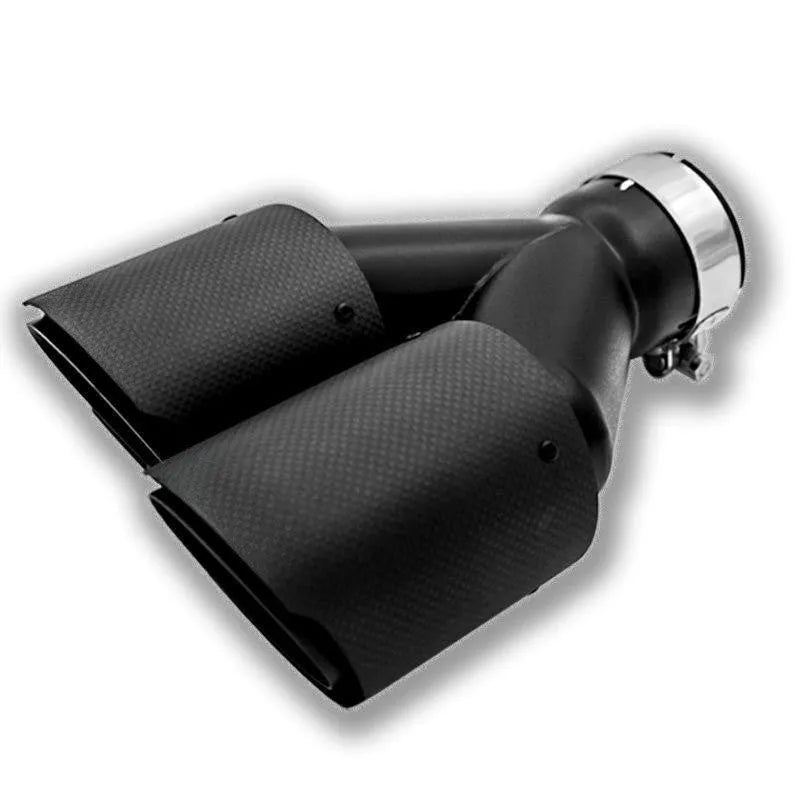 Black carbon fibre car exhaust pipe with twin outlet design measuring 250mm in length