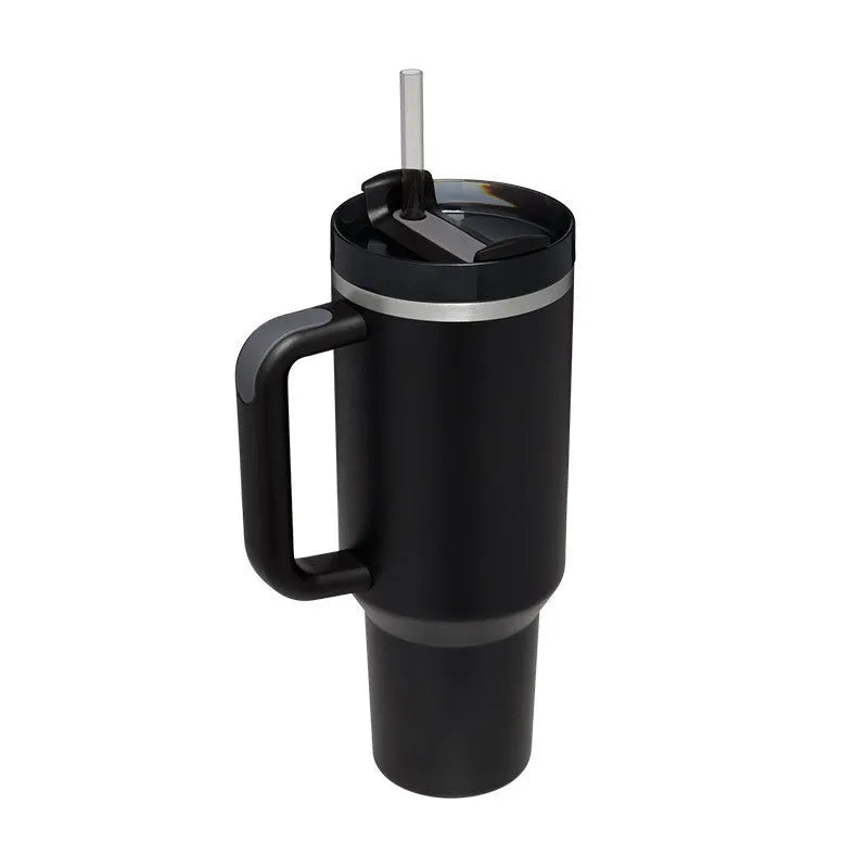 40 oz insulated stainless steel tumbler with handle straw and spill proof lid in a tapered design for car or gym use