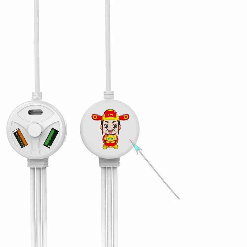 White 3-in-1 PD fast charge cable with USB, Micro USB, Mini USB, and TYPE-C connectors, 1.2 metres long.