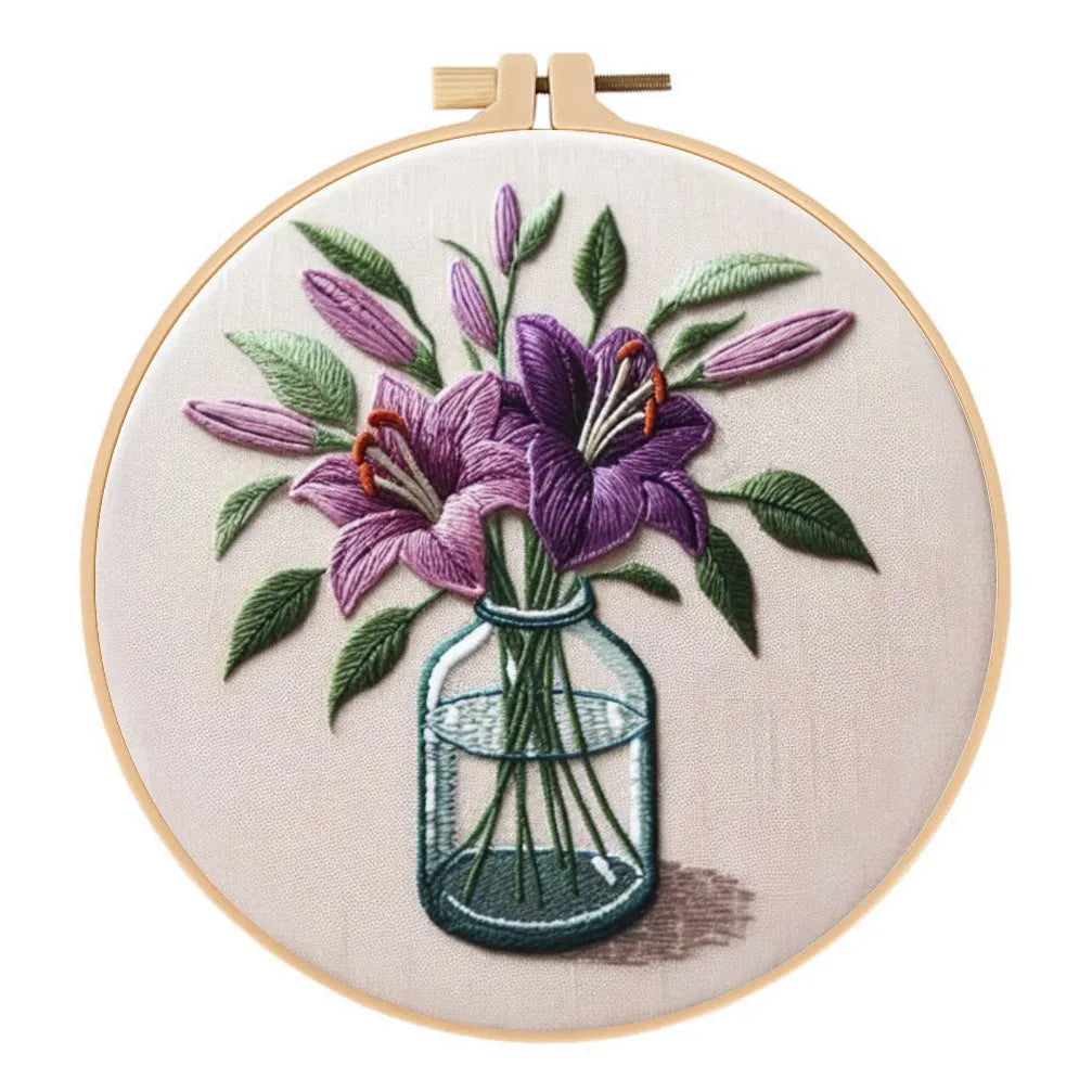 Purple lily flower embroidery on 28x28cm cotton linen cloth with 20cm imitation bamboo frame stand