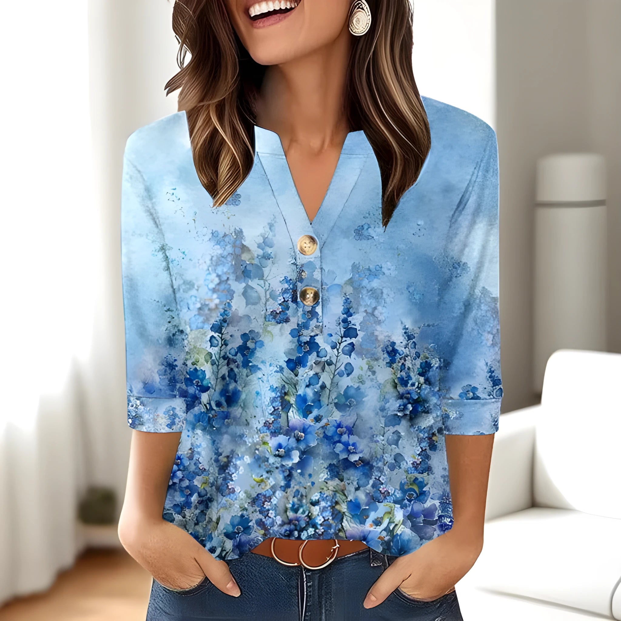 Women's loose casual V-neck top with 3D effect print in Japanese Korean style.