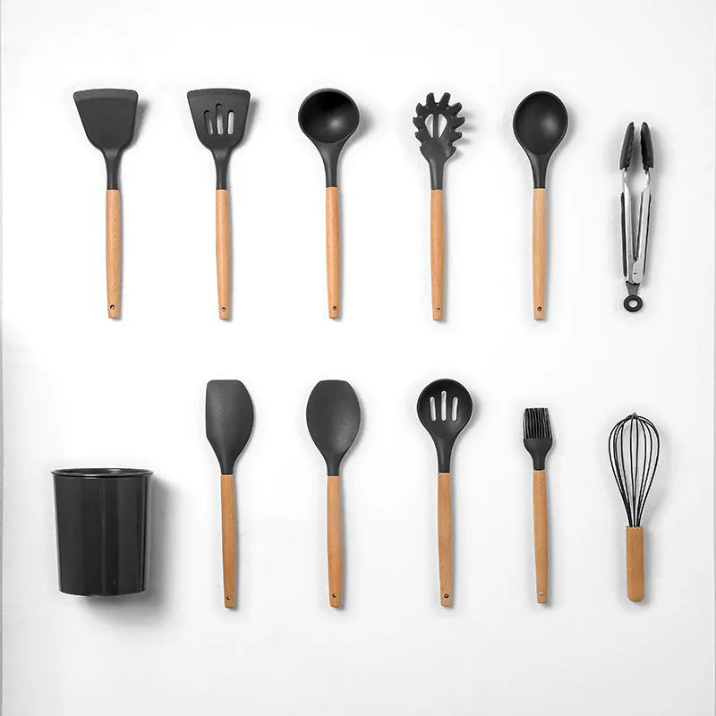 12-piece silicone kitchenware set with wooden handles and non-stick heads in a colour box package