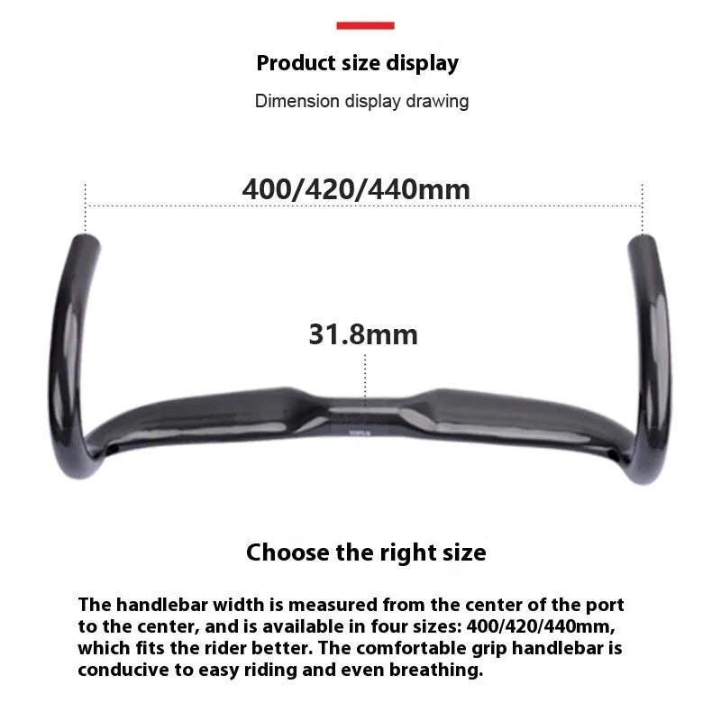 Carbon fiber road bicycle drop handlebar in UD Matte finish, showing 420mm width.