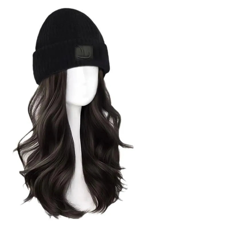 Hat wig for big head sizes with big wave protein filament style in cold brown colour