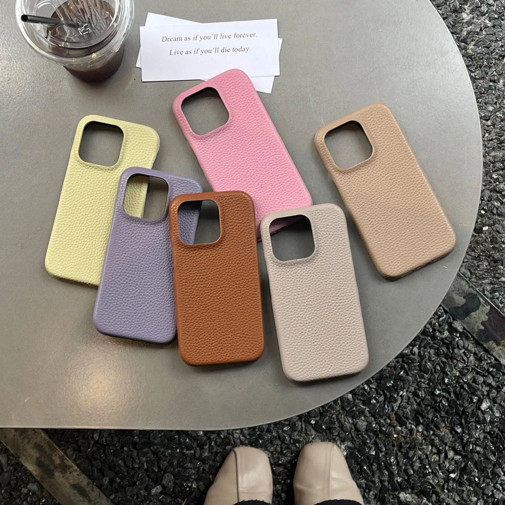 Leather iPhone case in solid caramel colour with fall protection, ins style, compatible with Apple iPhone models