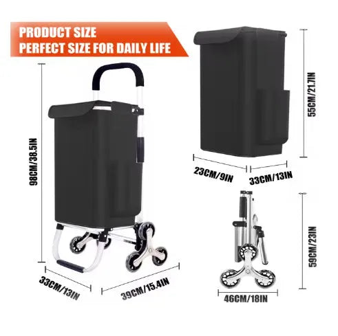 Black foldable shopping trolley bag with aluminium frame, detachable polyester bag and 20cm casters