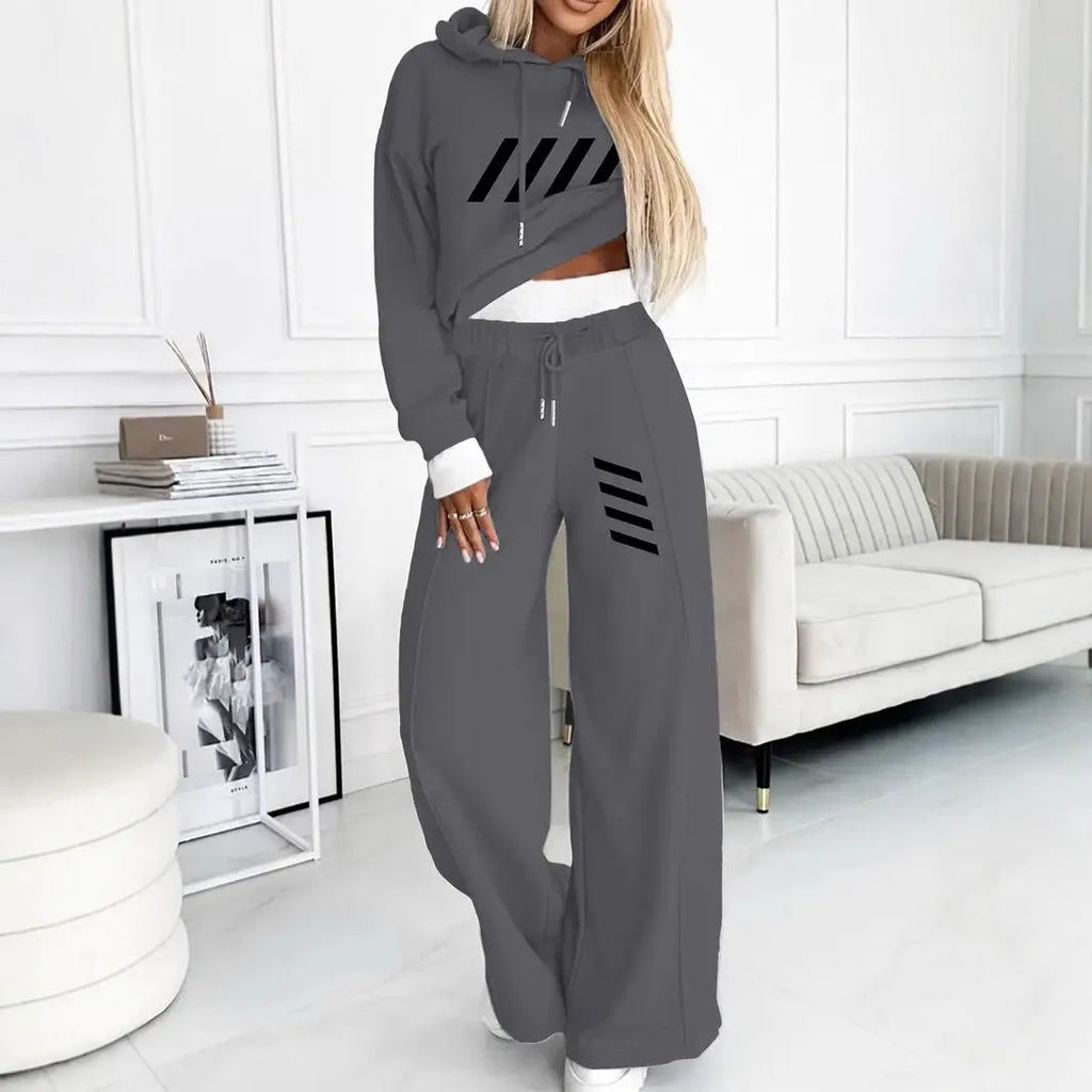 Women's hooded sweatshirt and pants set in light gray or dark gray, polyester, sizes S to XXL, casual Korean style.