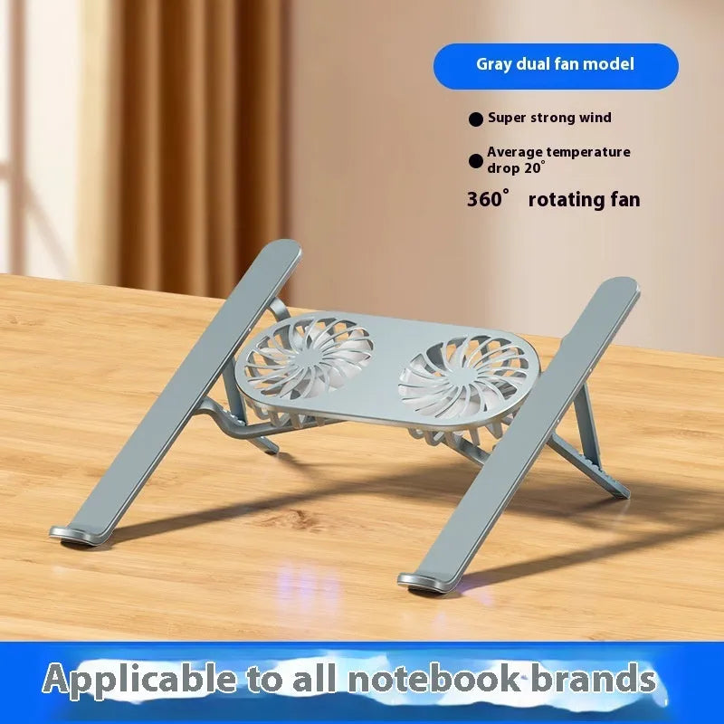 Silver aluminium laptop cooling stand with twin fans folded, next to its cloth storage bag and USB cable.
