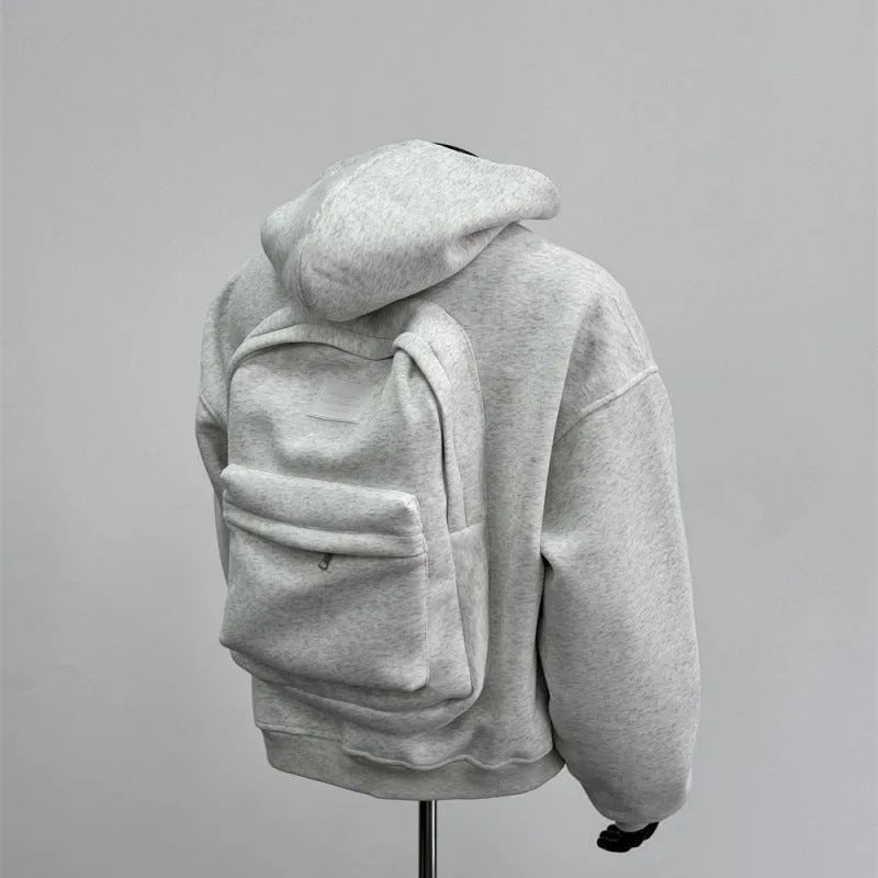 Back schoolbag design men's coat in light gray with hood, polyester cotton fabric, front view