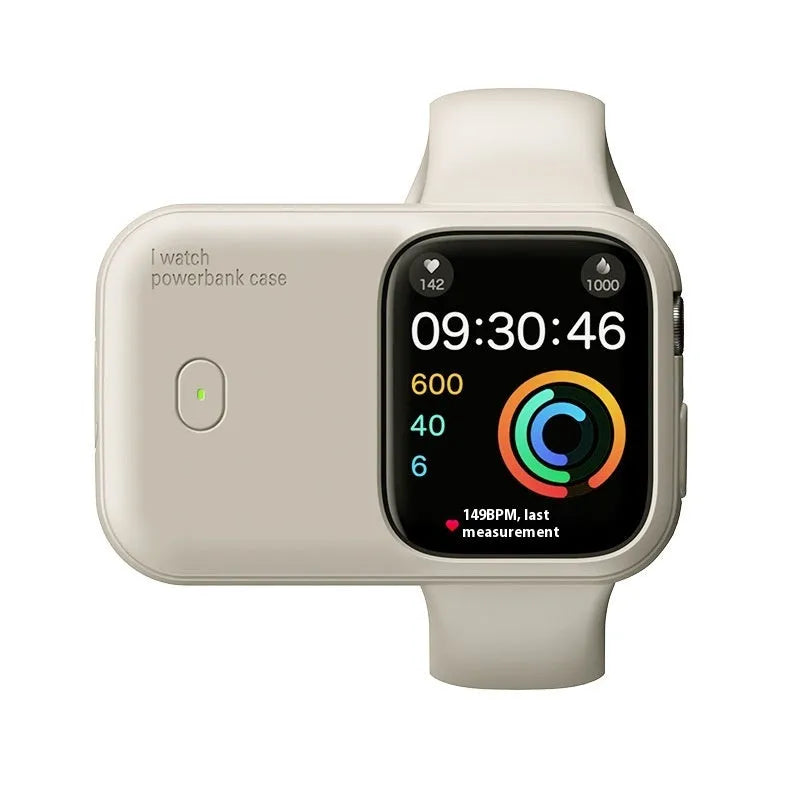 Portable Apple Watch charging case power bank with silicone sleeve in brown, blue, and starlight colours