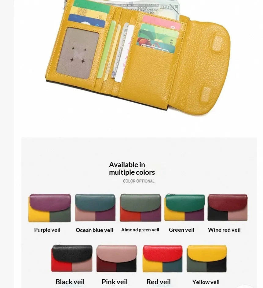 Women's short wallet with soft leather texture, solid colour design, stitching detail, and polyester lining, shown in one of nine colours.