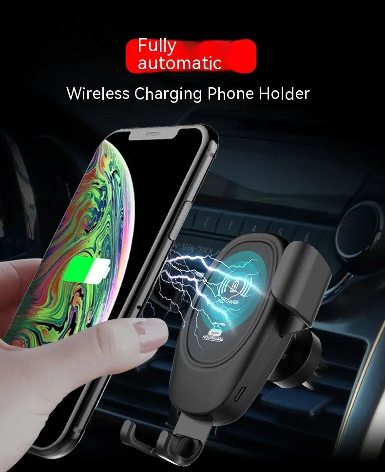 D12 Black 10W micro car wireless charger with air outlet clip, Type-C socket and ABS body, 9.8cm x 4.6cm x 11cm