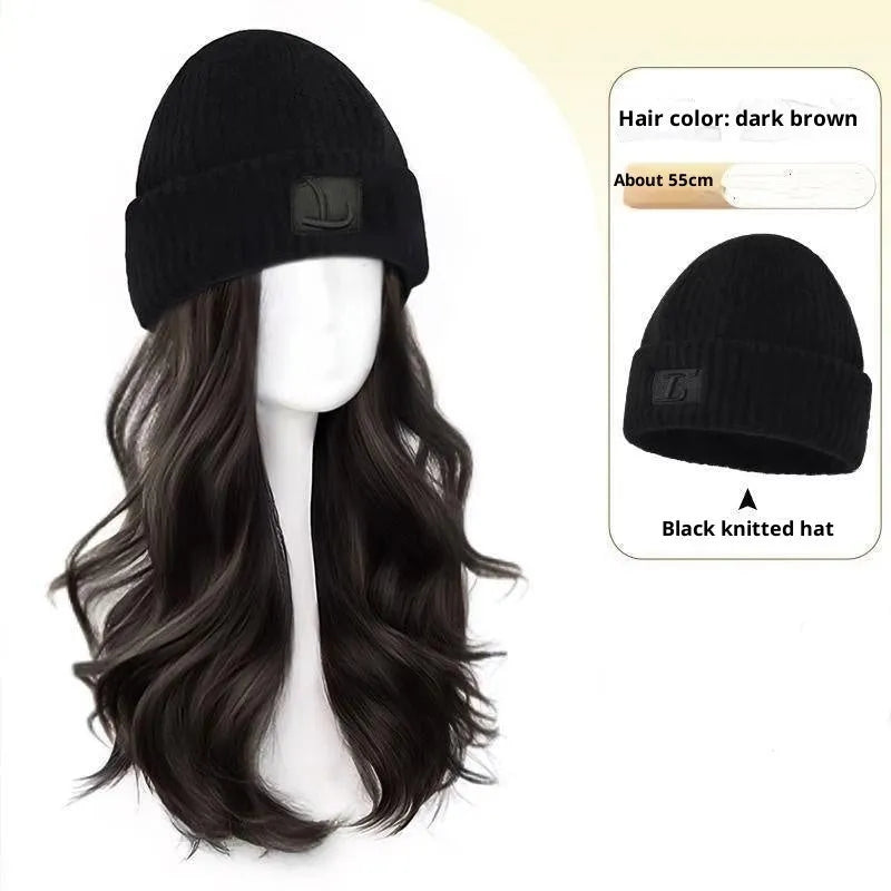 Hat wig for big head sizes with big wave protein filament style in cold brown colour