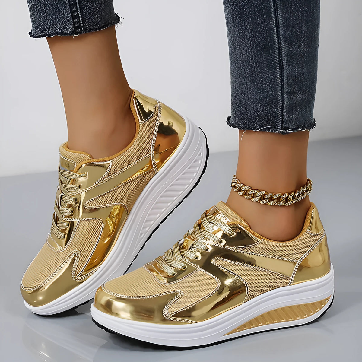Women's gold mesh sports shoes with cross strap and waterproof platform sole