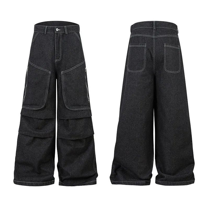 Black multi-pocket pleated workwear jeans with mid-waist fit and trousers length