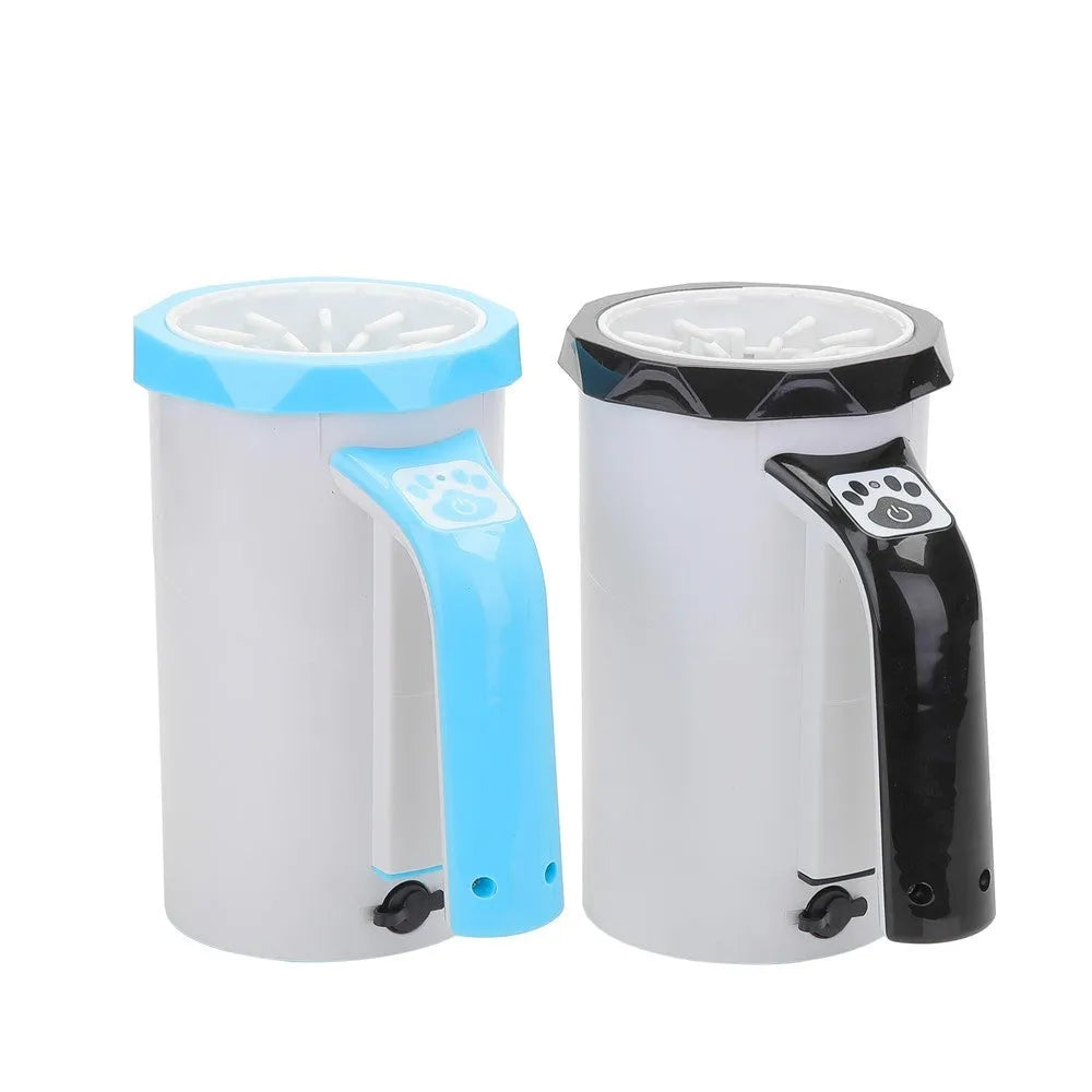 Automatic dog foot-washing cup in white and blue with USB rechargeable silicone and ABS body