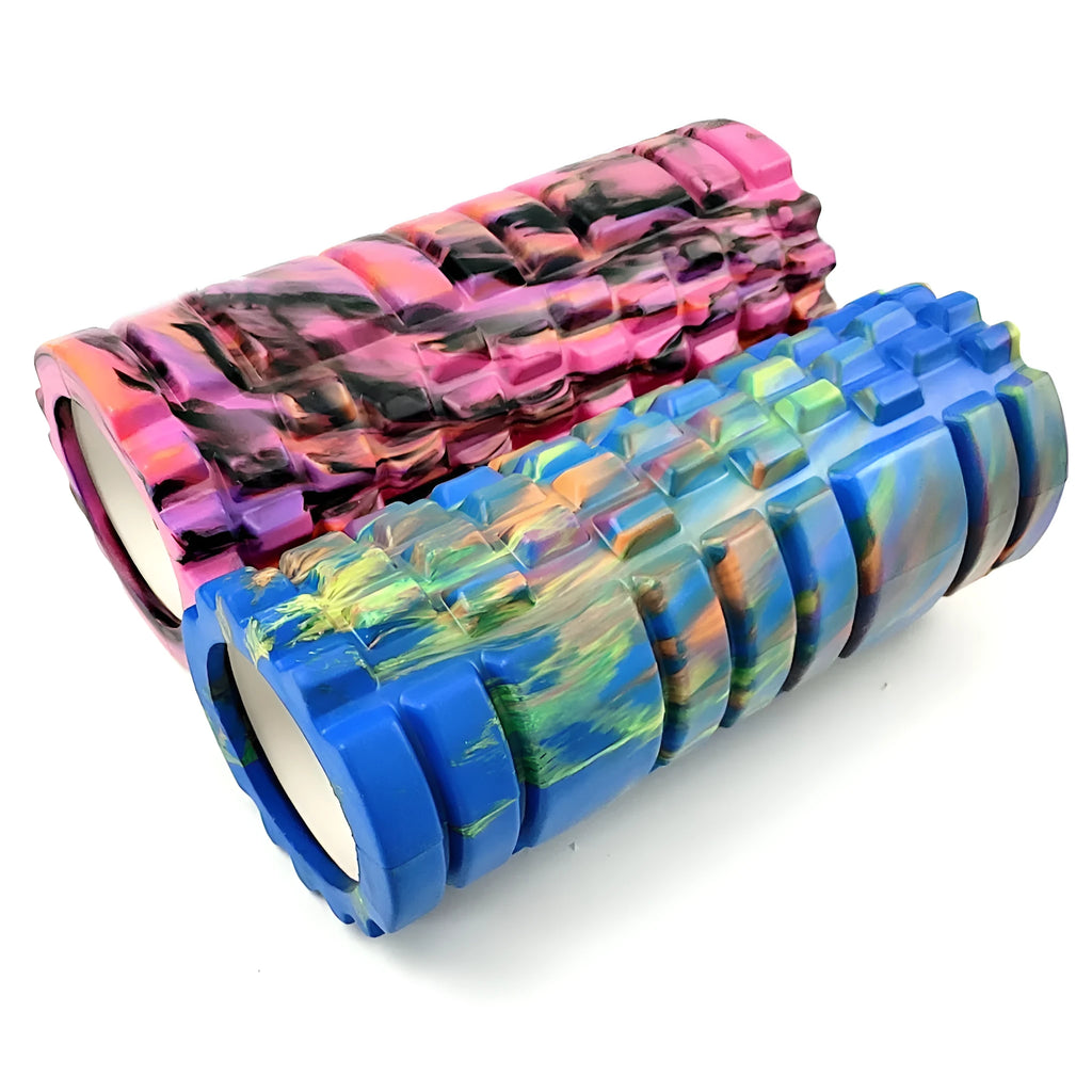 33cm camouflage EVA foam roller in blue green yellow pattern for fitness and massage