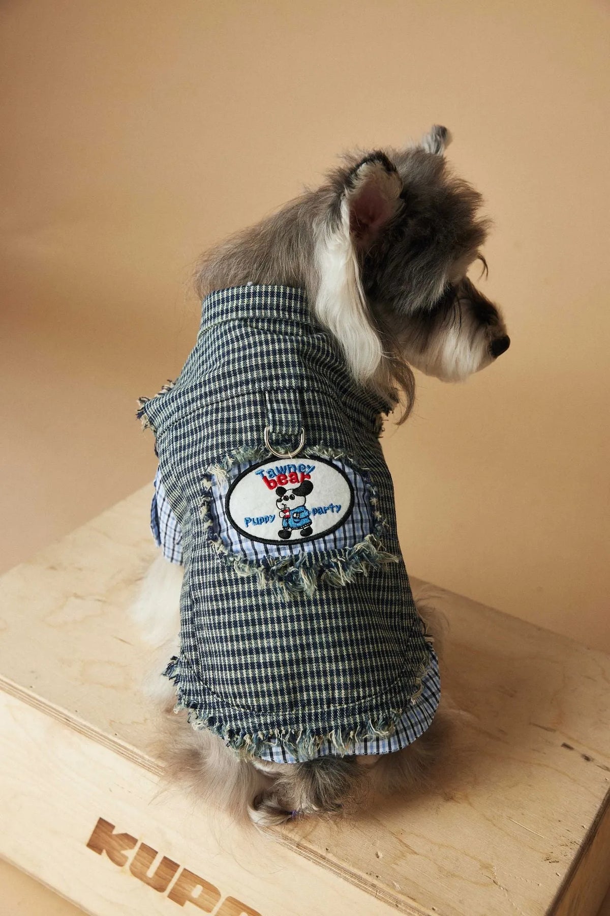 Blue washed old plaid sleeveless denim dog vest in cotton, casual unisex pet clothing, sizes XS to XXL