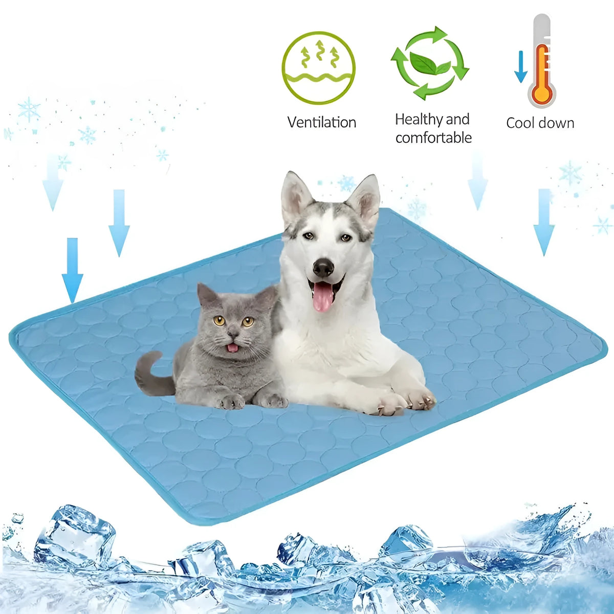 Ice silk dog cooling mat in blue edging, breathable mesh pet cold bed for small big dogs and cats
