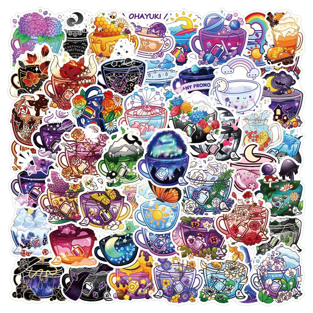 Nordic style colourful tea cup waterproof stickers 50-piece pack for DIY personalisation