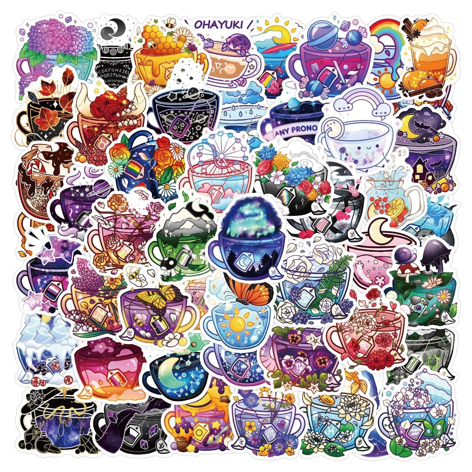 Nordic style colourful tea cup waterproof stickers 50-piece pack for DIY personalisation