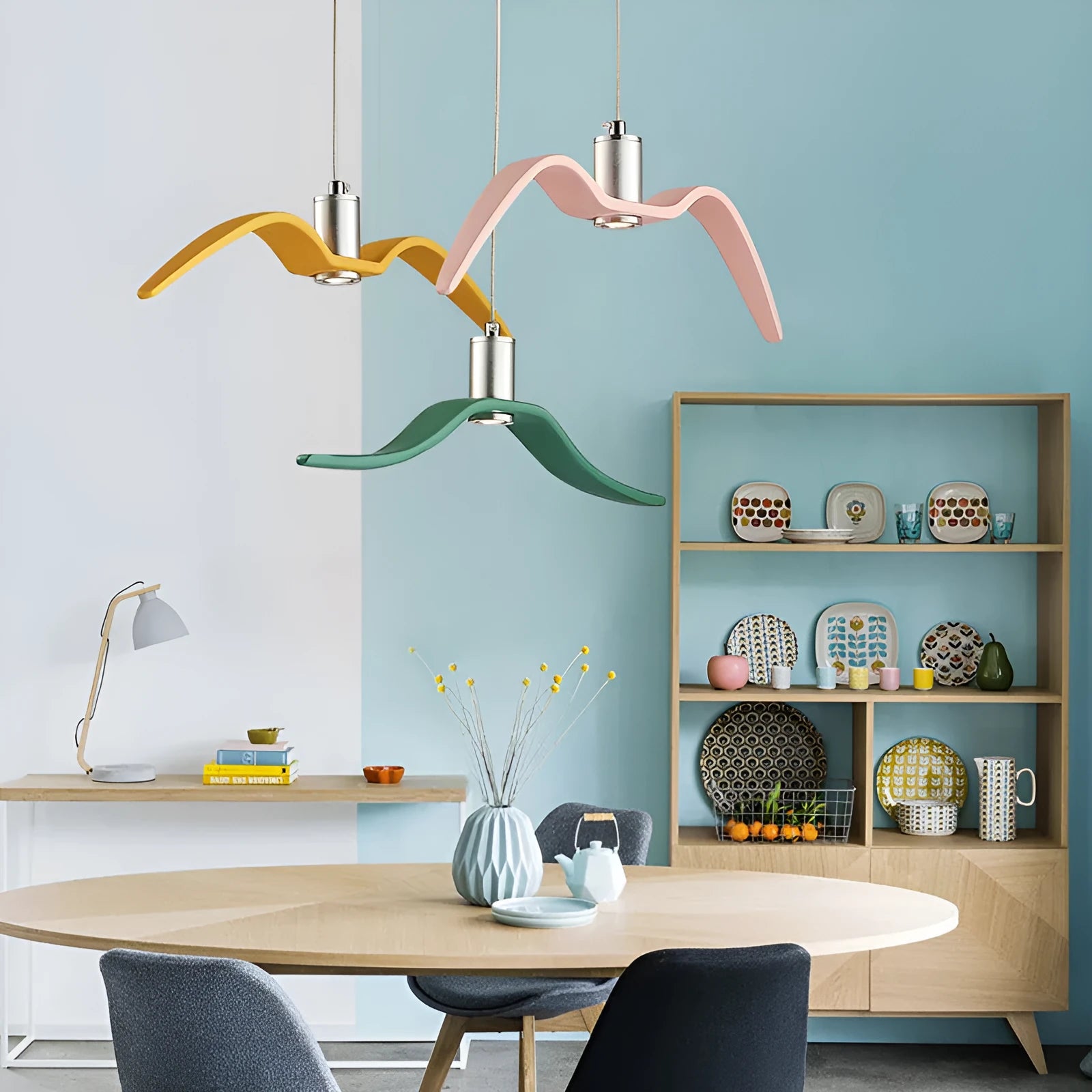 Nordic style LED chandelier in macaron colours for dining room lighting