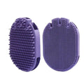 Purple massaging pet shampoo brush with soft TPR bristles for dog grooming