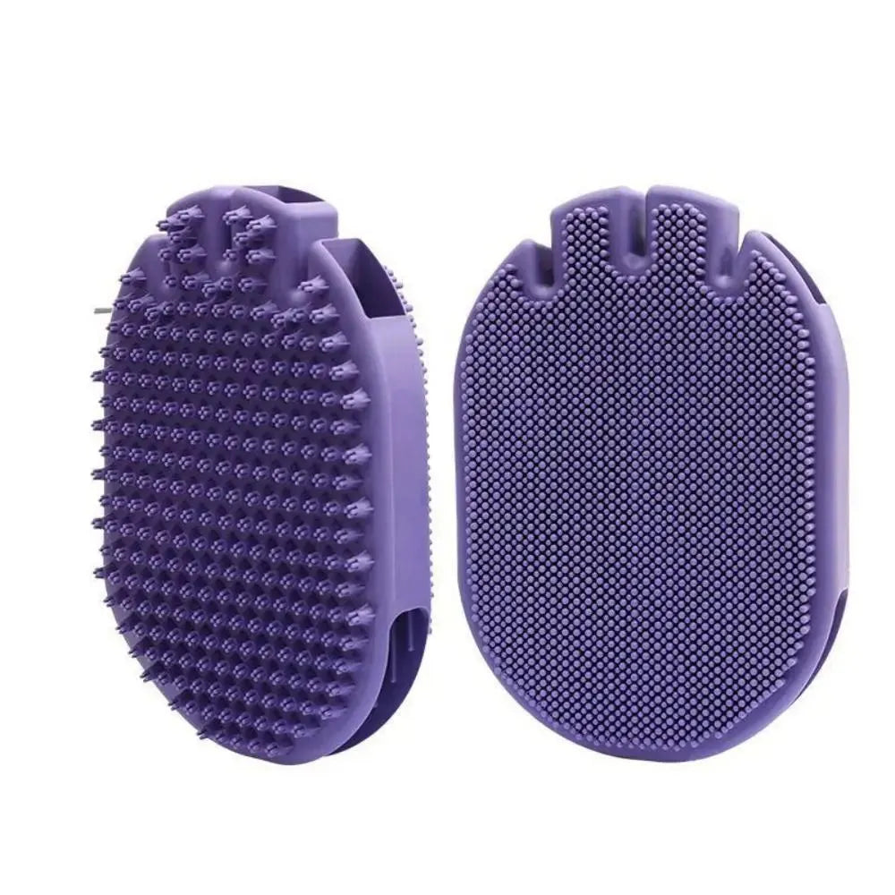 Purple massaging pet shampoo brush with soft TPR bristles for dog grooming