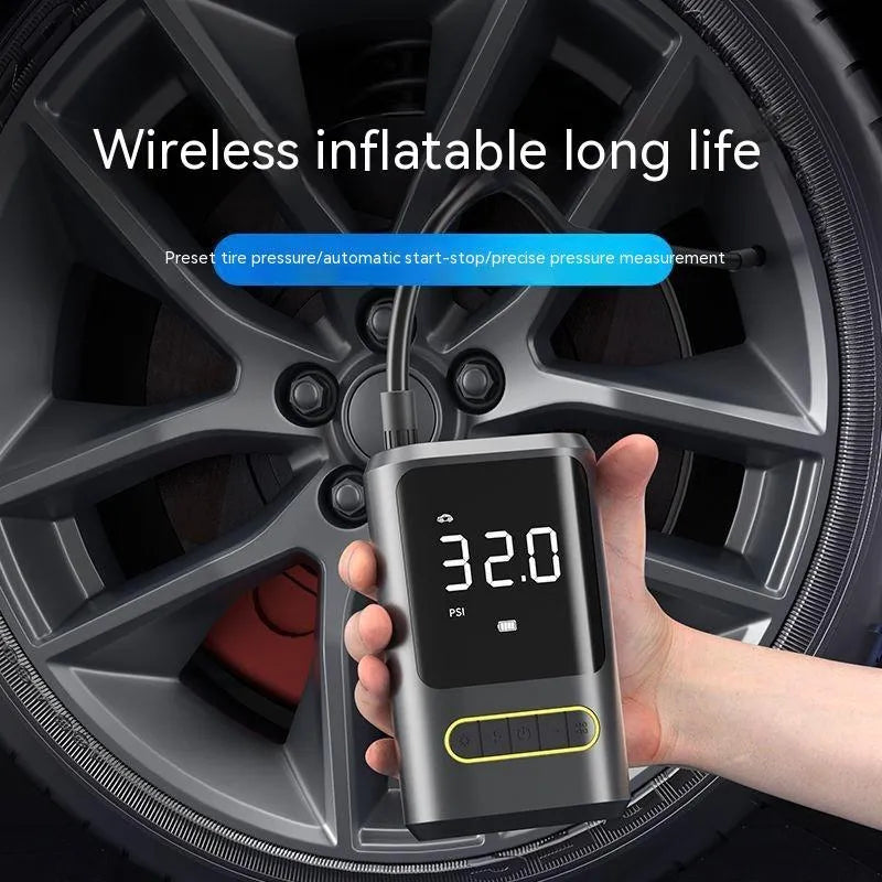 Handheld wireless car air pump with digital display showing pressure reading, includes air hose and multiple nozzle attachments