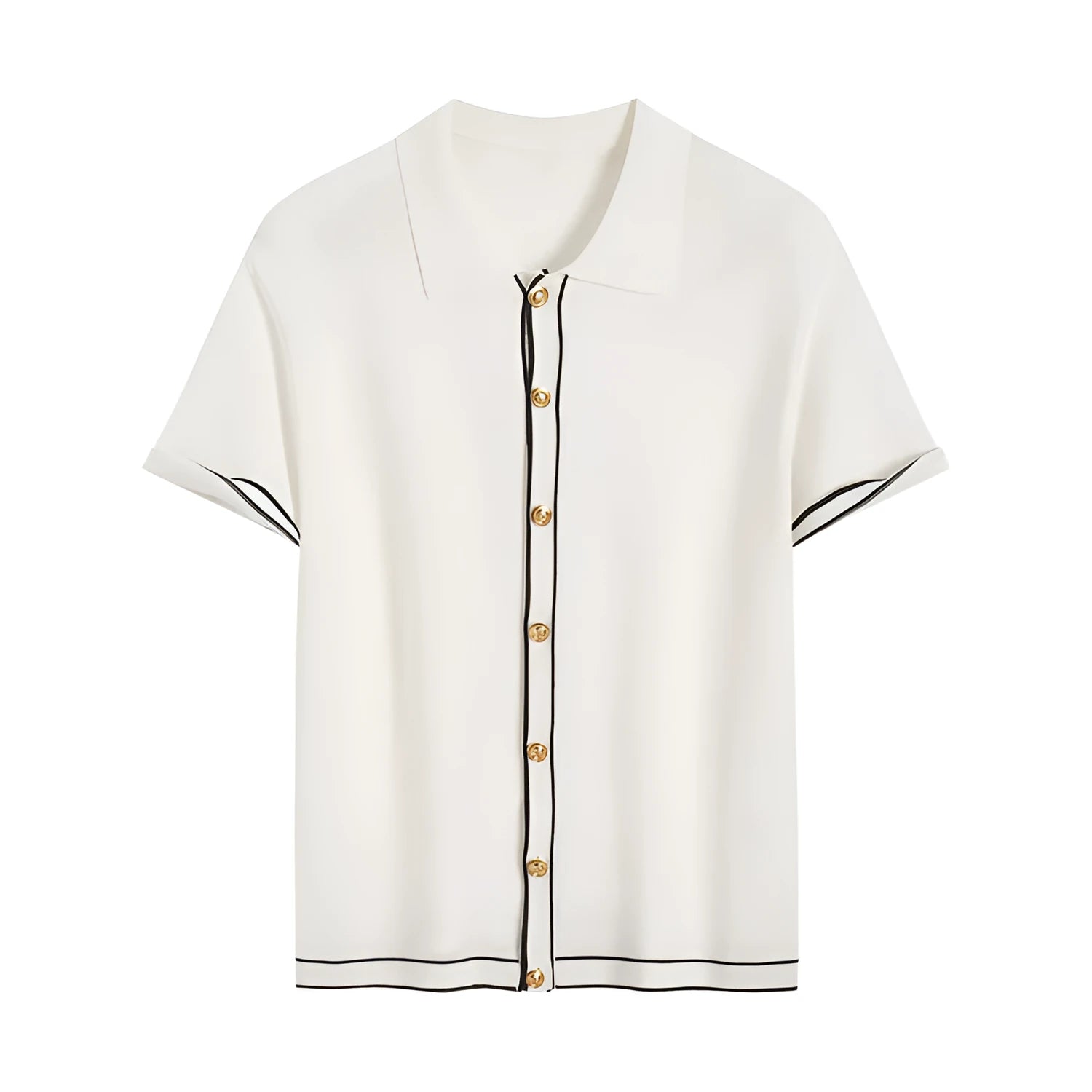 White women's short sleeve cardigan with dark contrast lapels laid flat.
