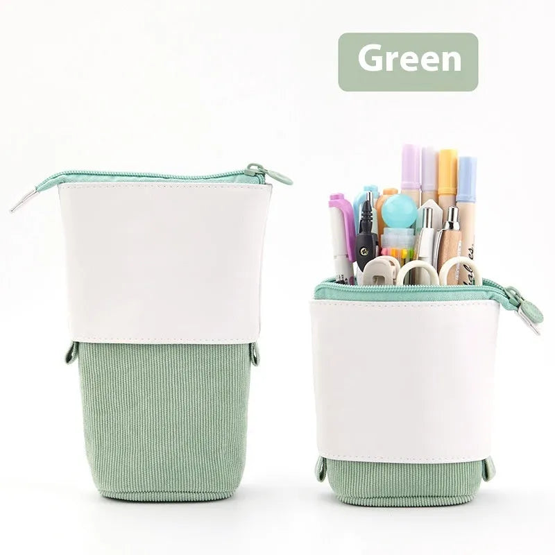 Corduroy telescopic stationery case shown expanded and collapsed in multiple colour options.