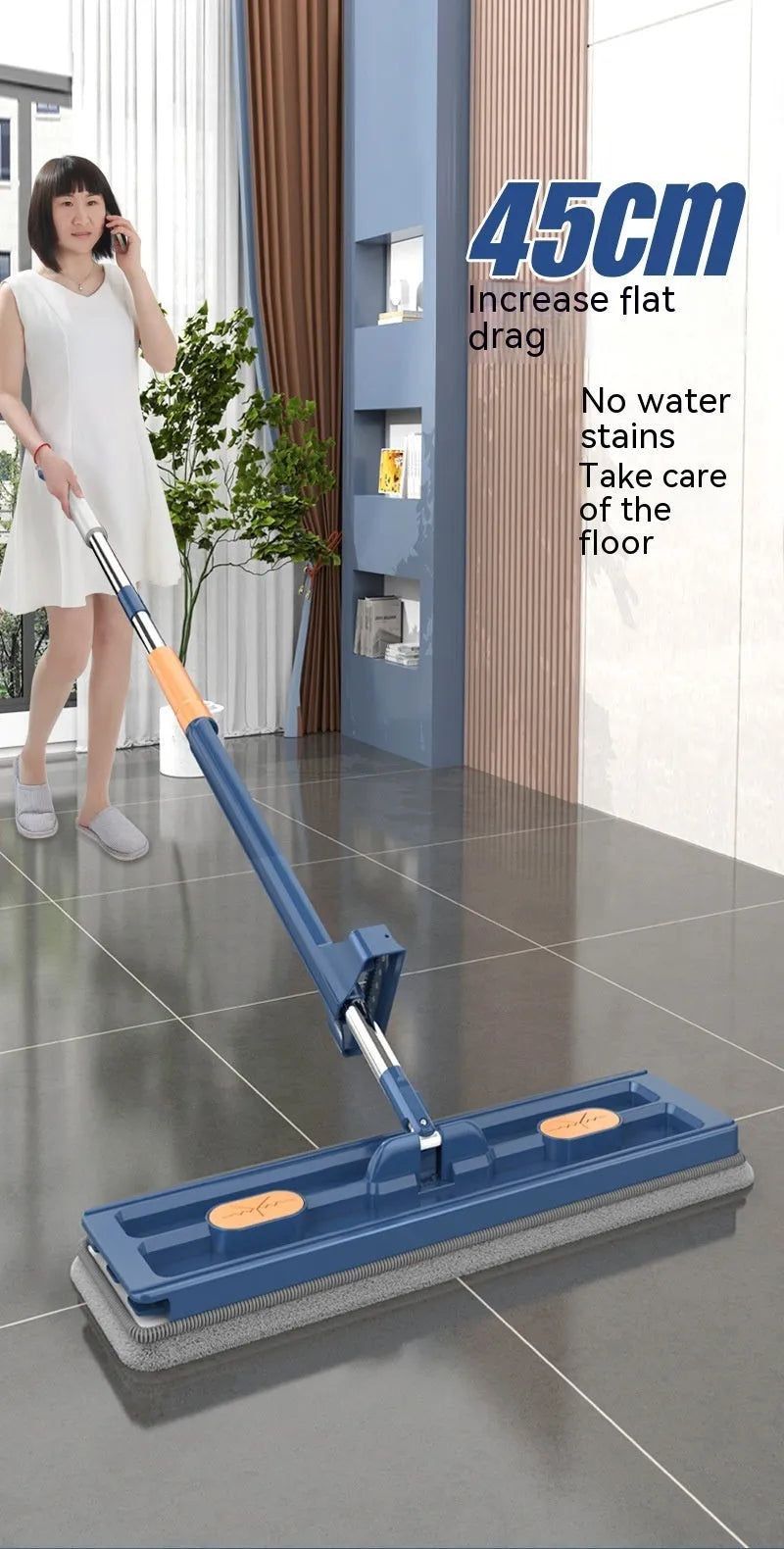Large flat mop with stainless steel handle and 360-degree rotating head for hard floor cleaning