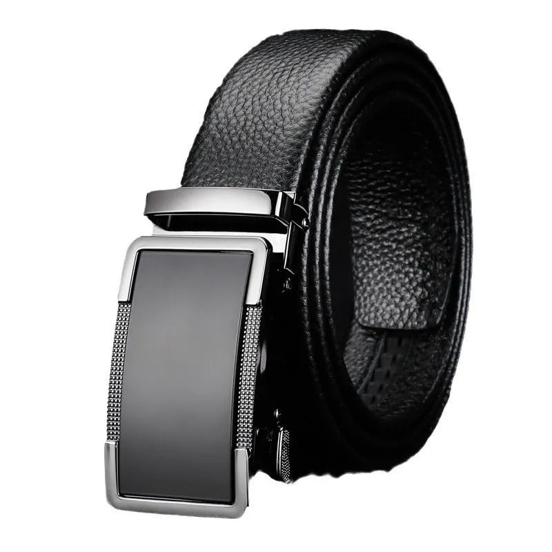 Men's automatic buckle leather belt in gun black, silver, or gold, showing the comfort click fastener and alloy buckle.
