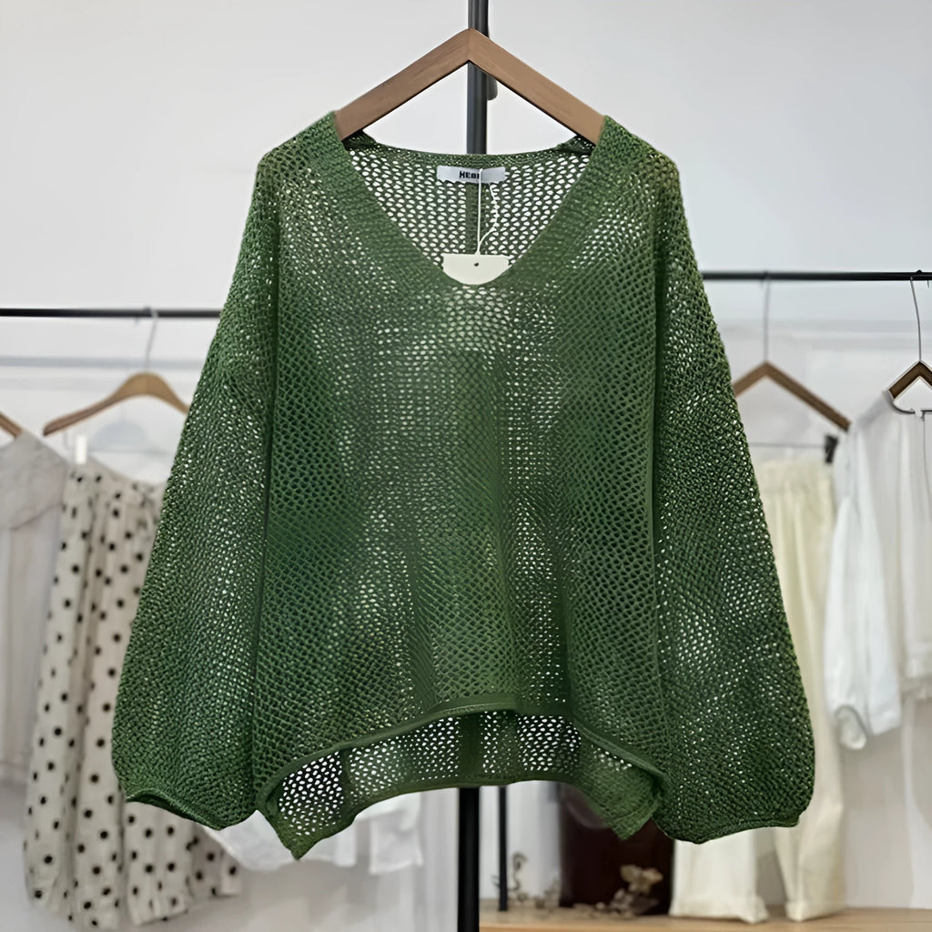 Loose mesh top with 3/4 princess sleeves in green, purple, brown or apricot white