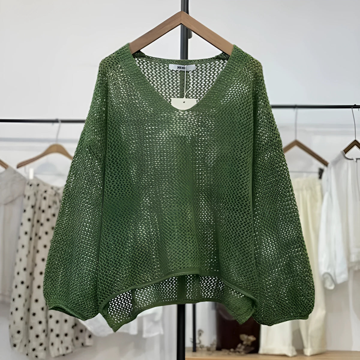 Loose mesh top with 3/4 princess sleeves in green, purple, brown or apricot white