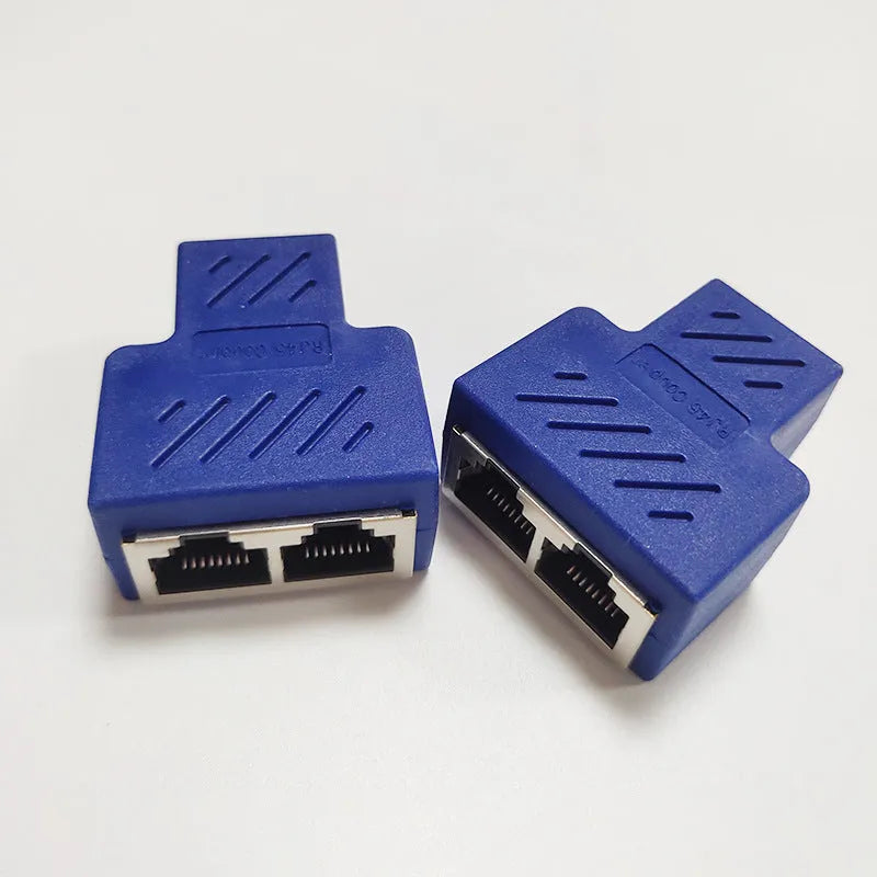 RJ45 network cable splitter adapter in five colour options showing tee configuration