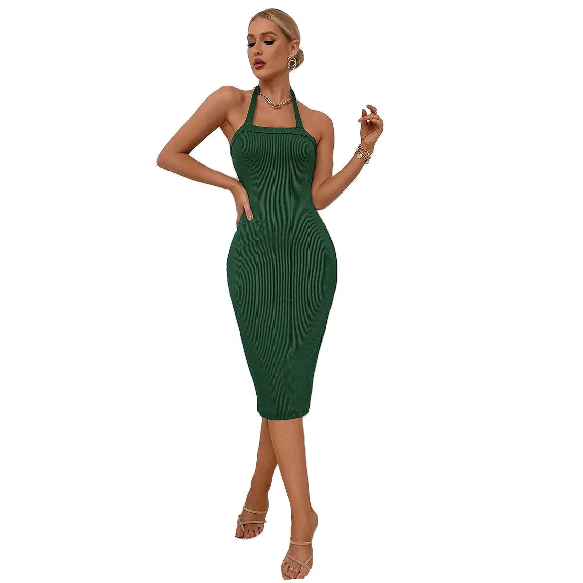 Polyester ribbed mid-waist dress with backless neck strap in green, pencil skirt style