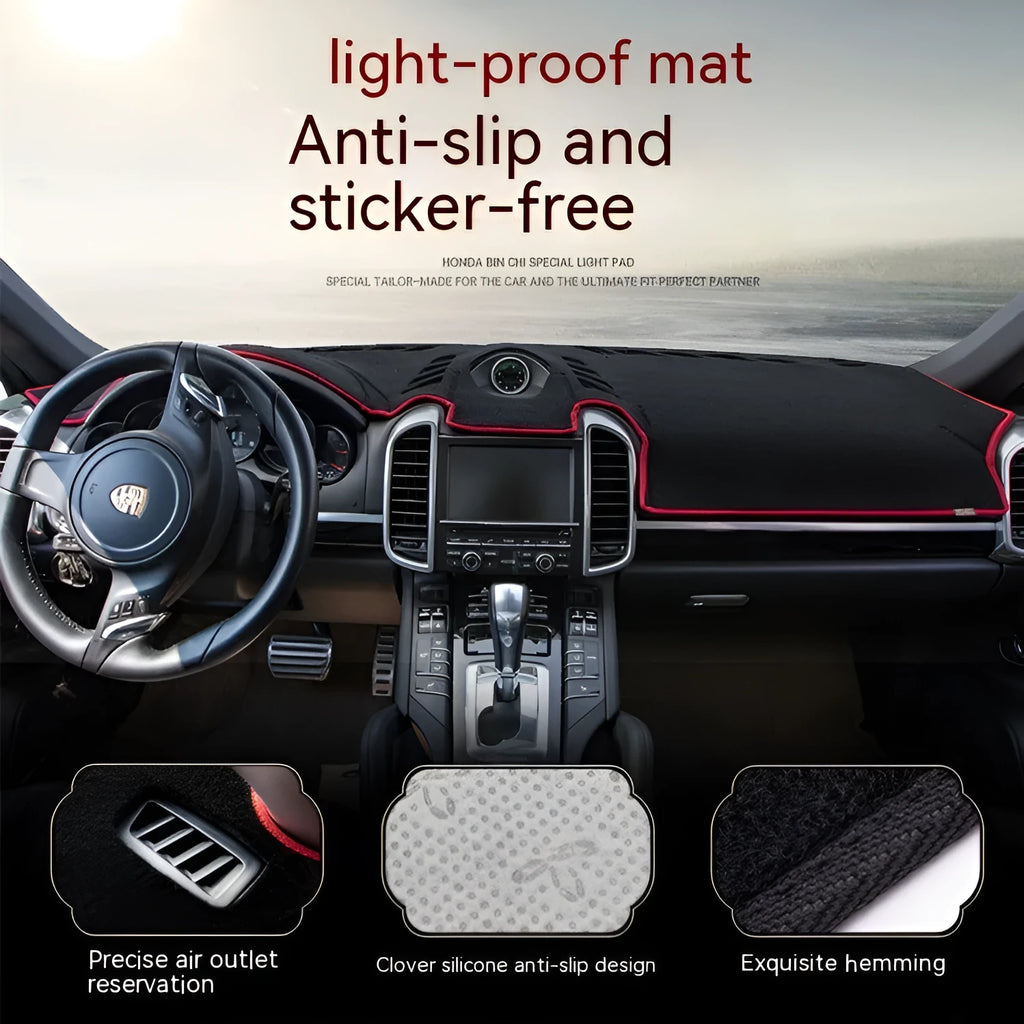 Black silicone dashboard anti-glare mat for Toyota Prado with coloured trim edge options on display.