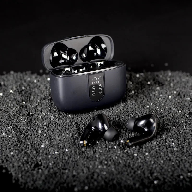 Jerry X08 wireless in-ear headphones with digital display and USB charging case in black, grey, or white